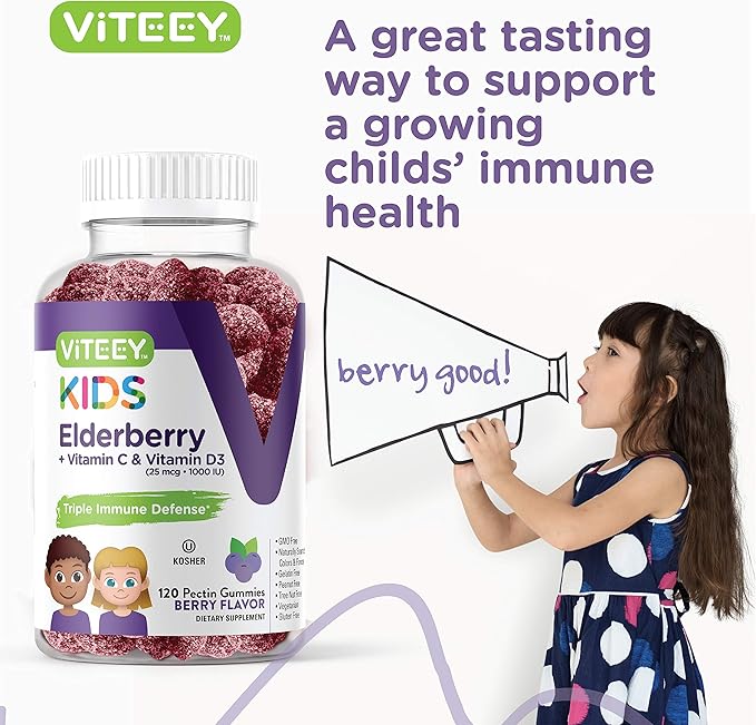 Viteey Sambucus Elderberry Gummies for Kids Immune Support Supplements with Vitamin D3 & Vitamin C 3-1 Immune Booster - Vegetarian, Gelatin Free, Gluten Free, GMO Free - Tasty Chewable Berry Flavored
