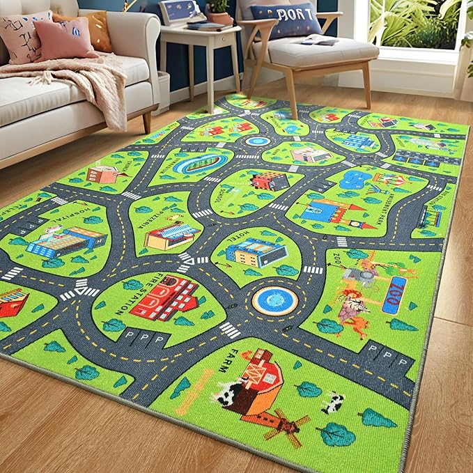 Merelax 4x6 Kids Car Rug Green Grey Area Rugs for Living Room Playroom Classroom Bedroom, Non Slip Kids Play mat Washable Rug, Educational City Traffic Road Map Fun Car Carpet for Ages 3-12
