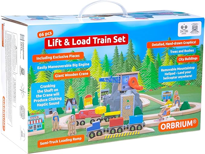 Lift and Load Wooden Train Set with Magnetic Crane, Magnetic Helicopter, Large Diesel Engine, Semi-Truck, Shipping Container Flat Car Compatible with Thomas, Brio, Chuggington, Melissa & Doug