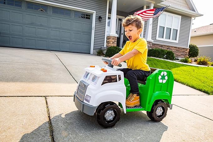 Kid Trax Real Rigs Toddler Recycling Truck Interactive Ride On Toy, Kids Ages 1.5-4 Years, 6 Volt Battery and Charger, Sound Effects, 9 Recycling Accessories Included,Green