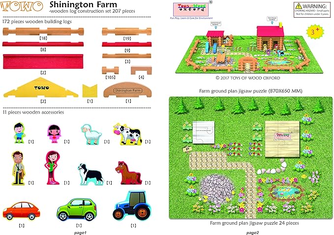 Wooden Logs Toys Farm Playset- Logs Building Set Farm House Wooden Construction Toys 207 Pieces for 3 4 5 6 Year olds