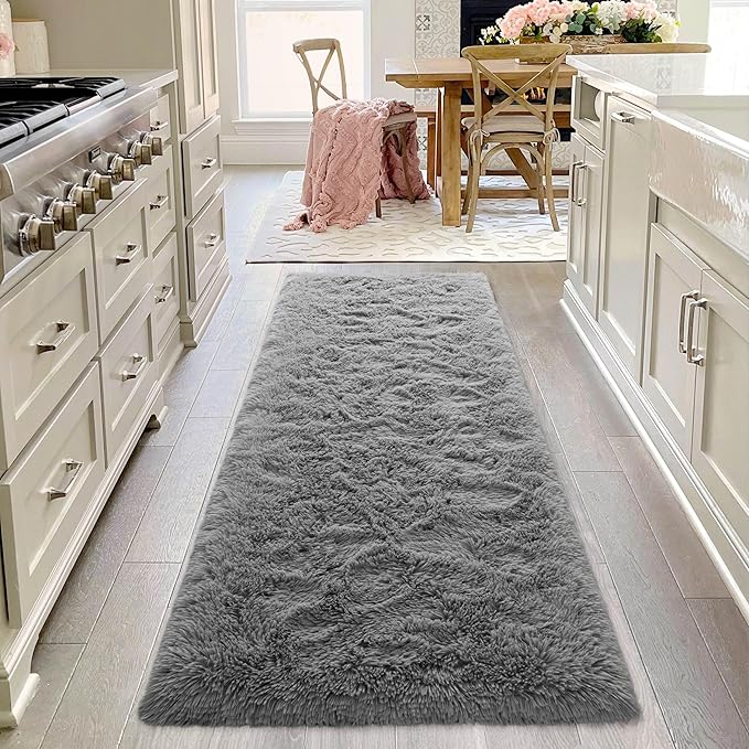 Grey Fluffy Runner Rug for Bedroom Living Room 2x6 Soft Carpet, Long Shaggy Rugs Non Slip for Bedside Dorm Classroom Kids Boys Girls Room Nursery Home Decor