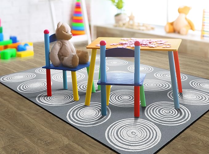 Flagship Carpets Circles Abstract Educational Area Rug for Kids Room Seating Décor, Children's Classroom, Play Carpet for Teaching and Playroom, Seats 20, 6' x 8'4", White & Grey