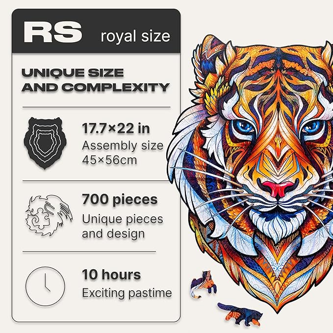 UNIDRAGON Original Wooden Jigsaw Puzzles - Lovely Tiger, 700 pcs, Royal Size 17.7"x22", Beautiful Gift Package, Unique Shape Best Gift for Adults and Kids