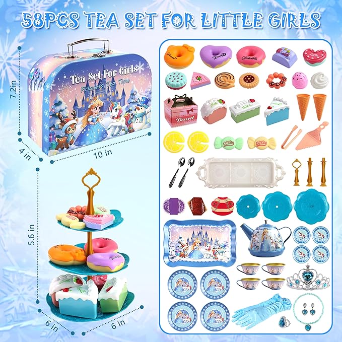 Motiloo Tea Party Set for Little Girls, 58Pcs Princess Tea Set Play Kitchen Toy with Dessert, Doughnut, Carrying Case for Birthday Kids Girls Age 3 4 5 6 7 8 Year Olds