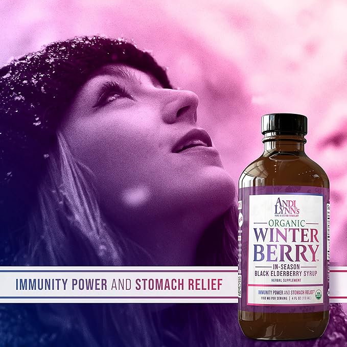 Andi Lynn's Winterberry Black Elderberry Syrup - Includes Black Elderberries, Cinnamon, Ginger, Honey & Lemon - Immune Support for Whole Family - Organic & Great Tasting Syrup 4oz