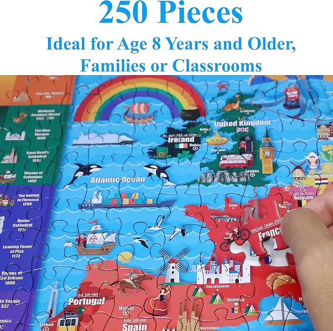 Think2Master Colorful Map of Europe 250 Pieces Jigsaw Puzzle Fun Educational Toy for Kids, School & Families. Great Gift for Boys & Girls Ages 8+ for Learning European History. Size: 14.2” X 19.3”