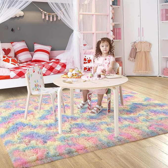 Rainbow Fluffy Rug for Girls Bedroom Soft Carpet, 4x6 Unicorn Rainbow Rug Cute Shag Area Rugs for Dorm Classroom Living Room Baby Toddler Kids Girls Room Nursery, Colorful Kawaii Home Decor