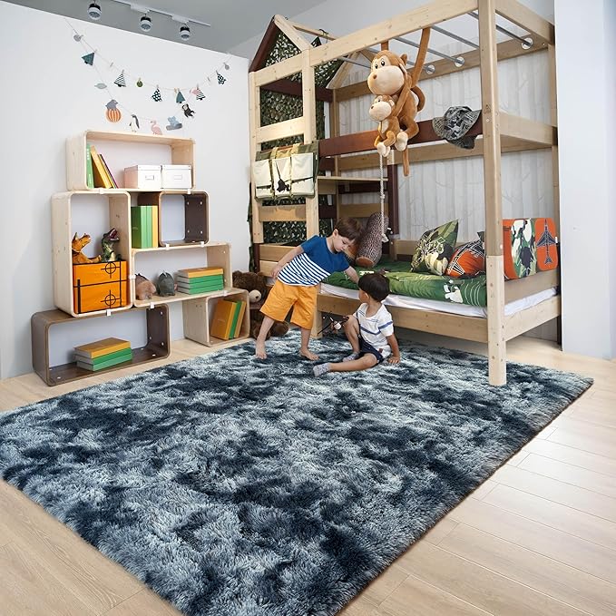 6x9 Fluffy Soft Living Room Bedroom Rug, Large Area Rugs Shaggy Carpet for Living Room ClassroomKids Boys Room Toddler Nursery Dorm Home Decor, Modern Indoor Non Slip Rug Tie-Dyed Blue Grey