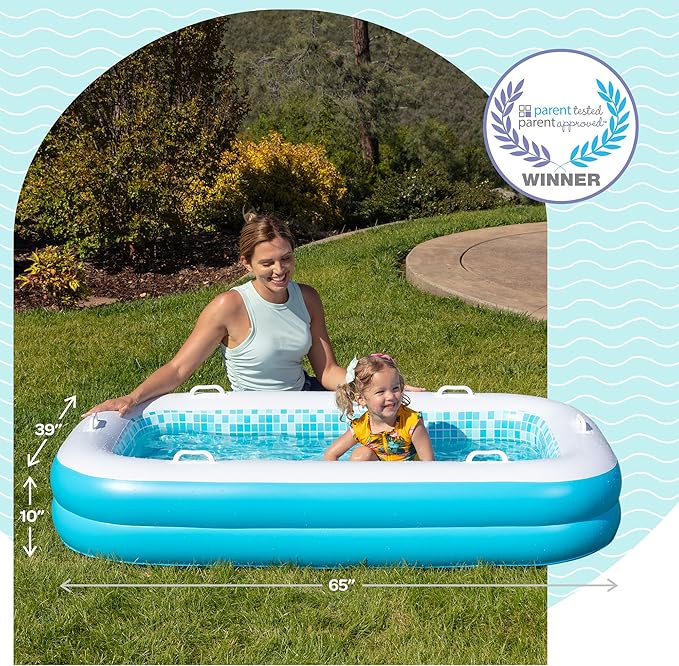 2-in-1 Inflatable Kiddie Pool, 65"x39"x10" (5'5") Soft Cushioned Floor, Handles, Drain, Shallow Rectangular Blowup Swimming Pool for Kids Age 2+ Toddler Ball Pit, Small Adult Backyard Tanning Pool