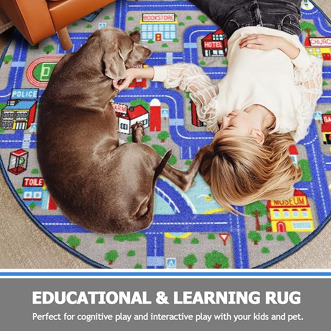 Capslpad Blue Car Road Kid Rug Carpet Playmat for Playoom Traffic Road Kids Play Mat for Toddler Non Slip Washable City Map Race Track Carpet Rug for Kids Room Bedroom Nursery Room Decor,4'x4'