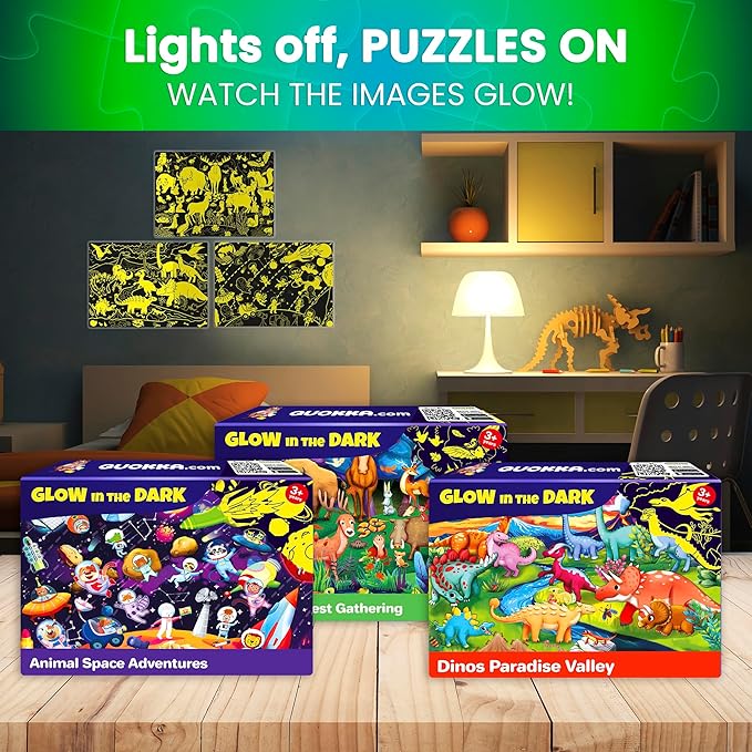 QUOKKA 3x100 Piece Puzzles for Kids Ages 6-8 – Glow-in-The-Dark Puzzles for Kids 8-10 | Space, Dinosaurs, Animals | Fun Educational Puzzle for Boys & Girls – Learning Games & Space Toys Gift for Kid