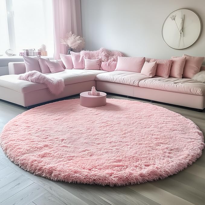 ONASAR Light Pink Round Area Rugs 6ft for Bedroom Living Room, Washable Fluffy Circle Rug for Kids Girls Boys Teen, Soft Plush Shaggy Carpet for Nursery Dorm Classroom Playroom Home Decor Aesthetic