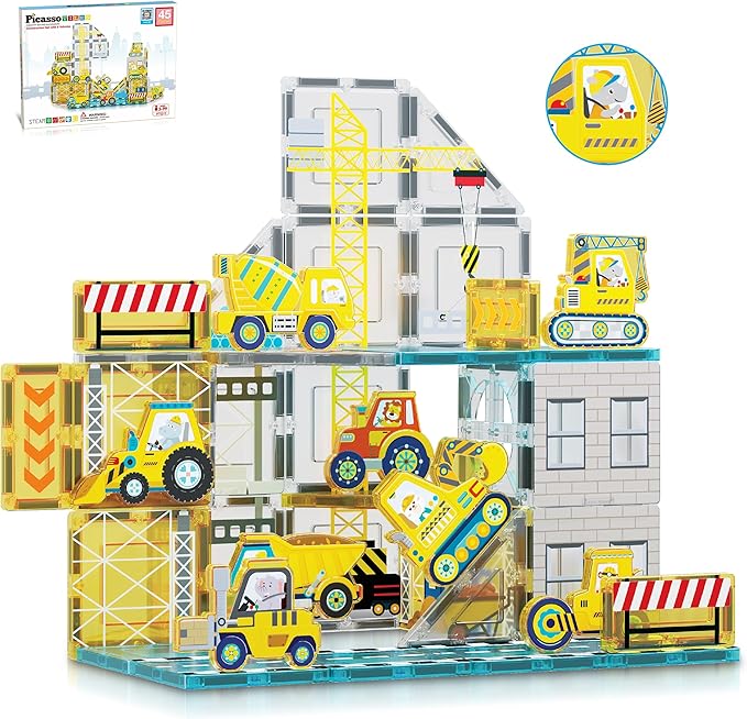 PicassoTiles Magnet Tiles Magnetic Building Blocks with 8 Construction Vehicles Crank Truck Excavator Bulldozer Road Roller Concrete Mixer Tractor Dump Truck Forklift Toys Learning Kids Ages 3+ PTQ11