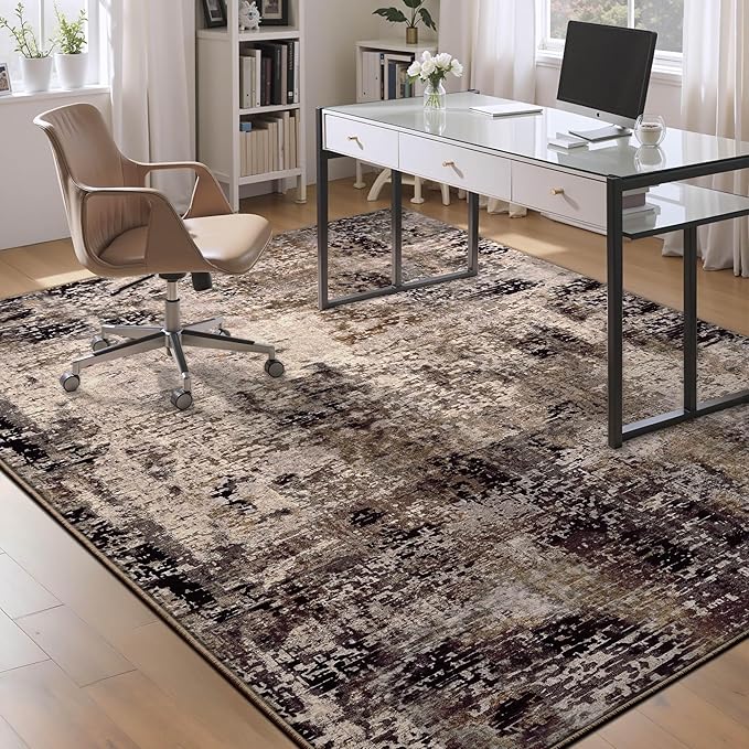 Ompaa Living Room Rug 8x10 Brown Area Rugs Machine Washable Abstract Coffee Boho Large Carpet Non-Slip Non-Shedding Faux Wool Indoor Vintage Rug for Bedroom, Classroom, Dining Room, Kids Playroom