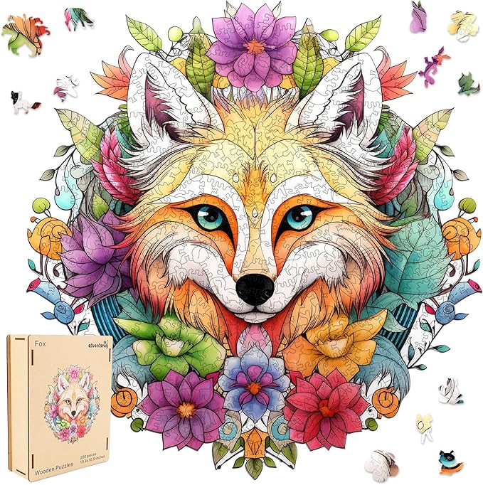 Wooden Puzzles for Adults,Fox Wooden Jigsaw Puzzles 200pcs,10.9X10.4inch,Medium,Unique Shape Animal Adult Puzzles,Irregular Wood Puzzles Creative Gift for Adults and Kids Family Game