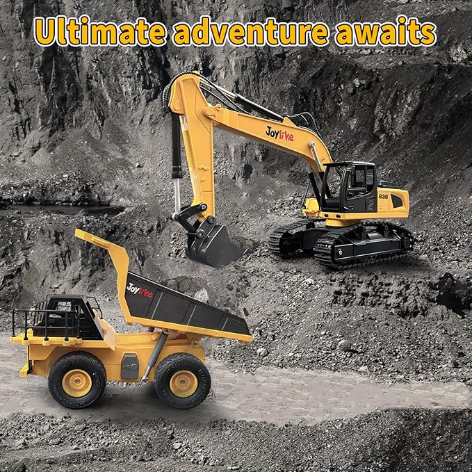 RC Excavator and Dump Truck Toy Set，2.4Ghz Metal Remote Control Construction Vehicle with Light&Sound, Best Christmas Toy for Boys 8+Year Old Kid