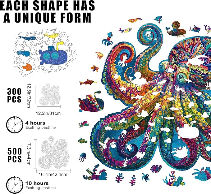 Unique Wooden Jigsaw Puzzles - Agate Octopus, 500 Pcs King Size 17.3'' x 16.7'', Luxurious Animal Shaped Wood Puzzle, Beautiful Package, Best Gift for Adults