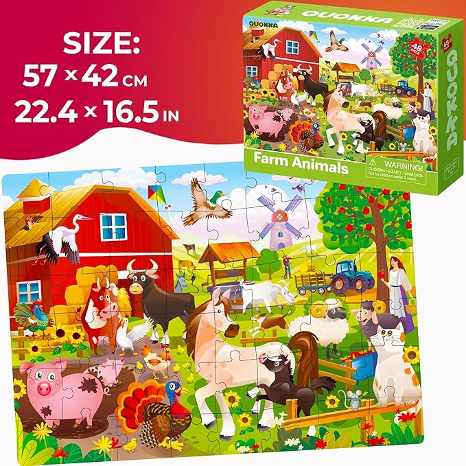 QUOKKA Puzzles for Toddlers 3-5 – 3 x 36 Pieces Floor Puzzles for Kids Ages 2-4 – 12 Toy Learning Farm Animals for 4-6 – Jigsaw Game for Boy and Girl 3-5-7 Year Old