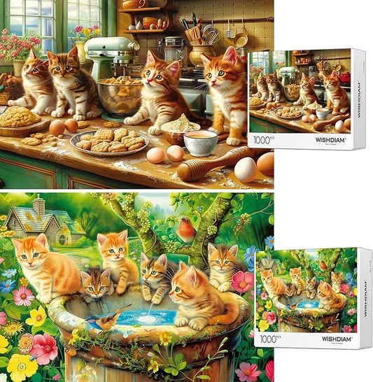 Jigsaw Puzzles 2 Pack 1000 Pieces - WISHDIAM Puzzles for Adults - Cats Funny Kitten in Kitchen & Party Puzzles for Adults 1000 Pieces and up