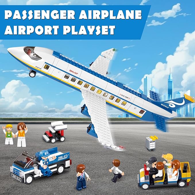 City Passenger Airplane Building Set, 4 in 1 STEM Toy with a Large Plane, Passenger Bus, Luggage Truck, Container Loader, and 7 Minifigures, Compatible with Lego Plane, Airport Gift for Boy 6+