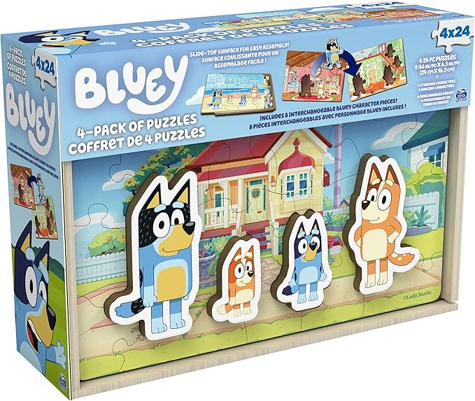 Spin Master Games, Bluey Puzzles 4-Pack, Wooden Jigsaw Puzzles for Preschoolers, 24 Pieces Each, Interchangeable Pieces, Bluey Birthday Gifts, for Kids Ages 3 & Up