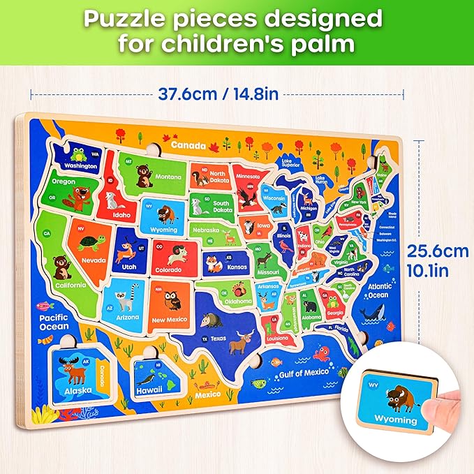 SYNARRY Large USA World Solar System Wooden Puzzles for Kids Ages 4-6, Wood Jigsaw Puzzles Educational Games Toys Gifts for Toddlers, Learning United States World Space Maps for Boys Girls Ages 3-8