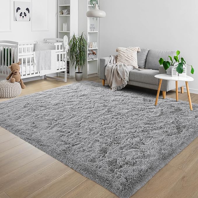 5x8 Grey Fluffy Soft Living Room Bedroom Rug, Large Area Rugs Shaggy Carpet for Living Room Classroom Kids Babys Playroom Toddler Nursery Dorm Home Decor, Modern Indoor Non Slip Rug