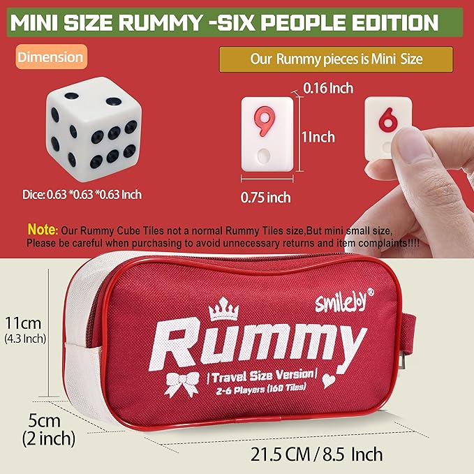Mini Rummy Cube Six Player Edition, Travel Rummy Game Set with Portable Canvas Bag,Classic Board Game for Adults and Kids |160 Tiles|6 Playing Racks|1 Dice (2-6 Player)