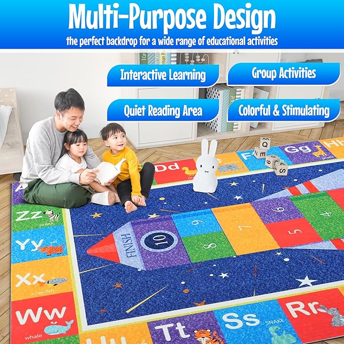Hudson Comfort Classroom Rug 9x12 - Rugs for Elementary, Daycare, Nursery, and Playroom - Super Soft Non-Slip Carpet - Kids Fun Floor Mat for Playtime (Rocket)
