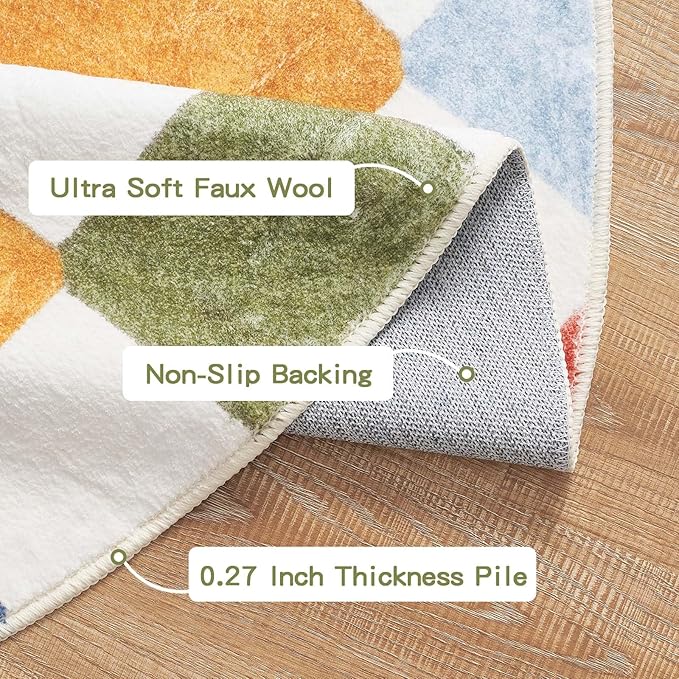 jinchan Round Rug 4ft Kids Washable Rug Colorful Trellis Indoor Floor Cover Non Slip Soft Modern Living Room Diamond Carpet for Nursery Room Bedroom Playroom Circus on Cream