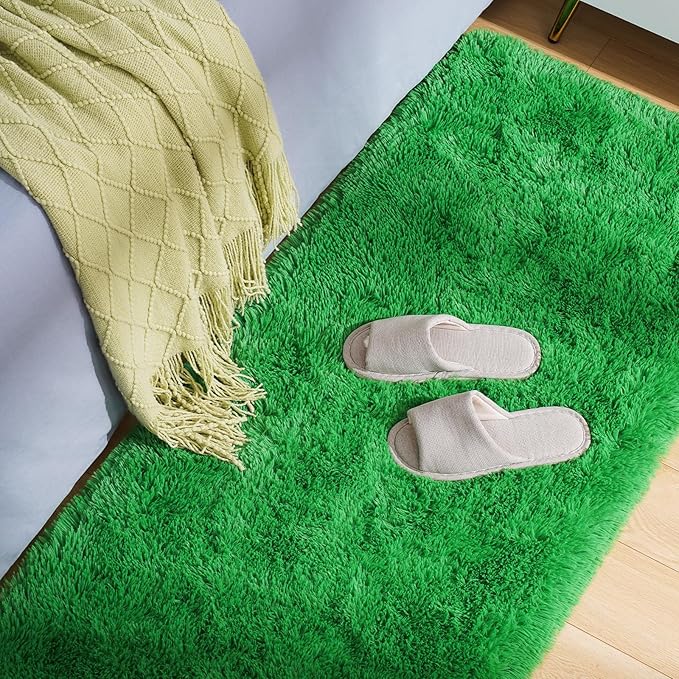 Amearea Shag Fluffy Runner Rug for Bedroom Girls Living Room, 2x6 Feet Extra Soft and Fuzzy Shaggy Rugs, Non Slip, Indoor Floor Long Carpet Mat for Boys Nursery Home Decor, Green