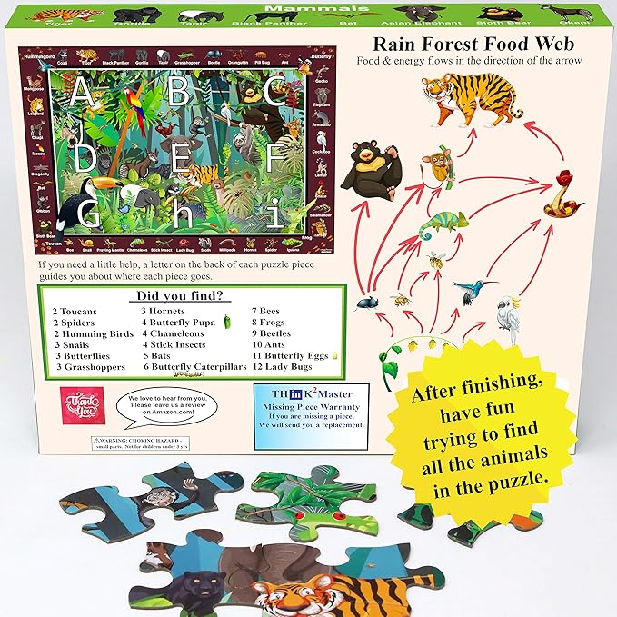 Think2Master Colorful Rainforest Jungle Zoo Animals 100 Pieces Jigsaw Puzzle Fun Educational Toy for Kids, School & Families. Great Gift for Boys & Girls Ages 5-8 4-6 6-8 8-10 23.4” X 16.5”