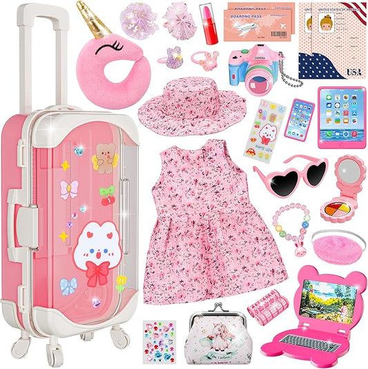 Doll Suitcase Travel Set, 18 inch Doll Clothes and Accessories - 26 Pcs Travel Pillow, Unicorn Bag, Sunglasses, Camera, Computer, Phone, Passport, Birthday Gift for Age 3 4 5 6 Year Old Girls