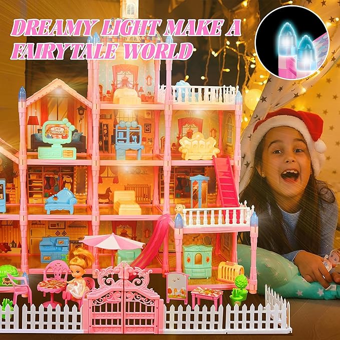 Doll House for Girls,13 Rooms Dollhouse with Dolls Figure, Puppies,Furnitures, Accessories, LED Light, Toddler Playhouse Gift for for 3 4 5 6 7 8 9 10 Year Old Girls Toys (Pink)