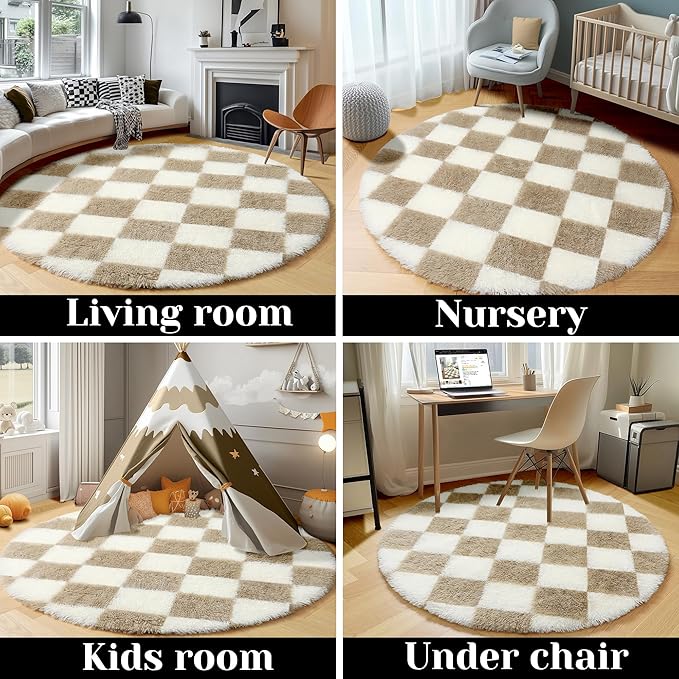 KICMOR Round Rugs 5ft for Bedroom Living Room, Fluffy Soft Circle Area Rug Fuzzy Shag Shaggy Carpet, Beige and Cream White Checkered Circular Rug for Kids Girls Boys Nursery Home Decor Aesthetic