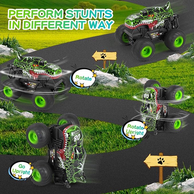 Remote Control Car, 2.4Ghz All Terrain Dinosaur Monster Truck Toys, RC Truck with Music, 3 Lighting Effects, 360 Stunt Capable, All included Ready to Run, Toy Gifts for Boys and Girls (Green)