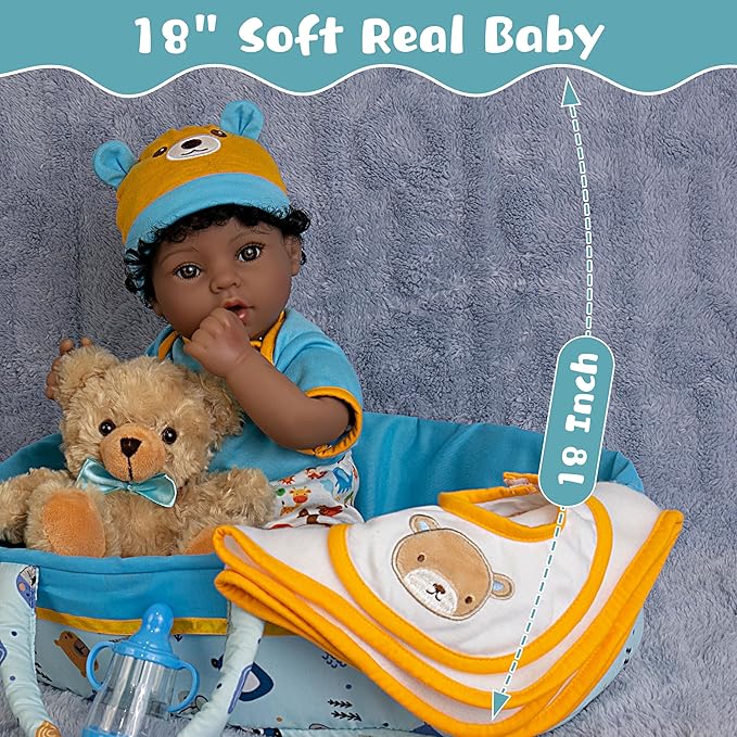 Lifelike Reborn Baby Doll 18-Inch American African Baby Boy Newborn Baby Doll Soft Cloth Body Real Life Baby Dolls for Kids 3+, Complete with Clothes and Toy Accessories