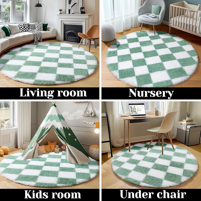 KICMOR Round Rug 4ft for Bedroom, Fluffy Soft Circle Area Rug Cute Small Living Room Carpet, Sage Green and White Fuzzy Shag Shaggy Checkered Circular Rugs for Kids Room Nursery Home Decor Aesthetic