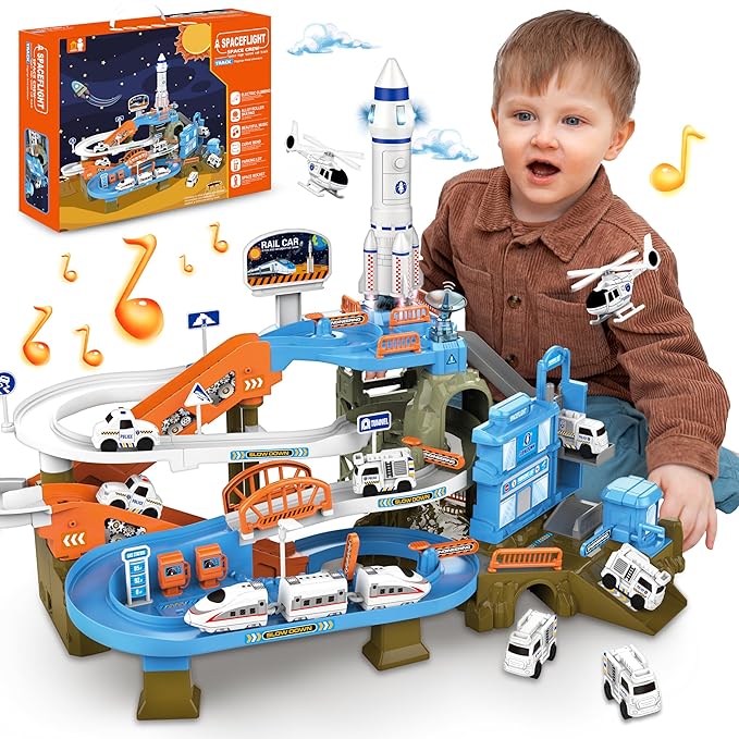 Race Tracks for Kids Ages 3-5, SMILESSKIDDO 73 PCS Space Car Tracks Toys Gifts for Boys Kids with Music and Engineering Scene Simulation, Construction Car Toddler Boy Toys Gift for Ages 3+