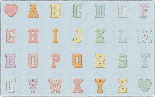 Flagship Carpets Schoolgirl Style Blue Pastel Alphabet Criss-Cross Applesauce Educational Area Rug for Kids Room Seating Décor, Children's Classroom, Play Carpet for Teaching and Playroom, 7'6" x 12'