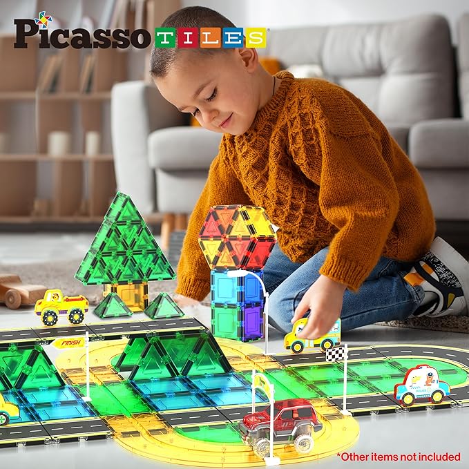 PicassoTiles Magnet Tile Car Track Adventure Theme Printed Street Road Runway Speedway Highway Magnetic Building Tiles Block Construction Pretend Play Playset STEM Education Learning Kit Kids 3+ PTE16