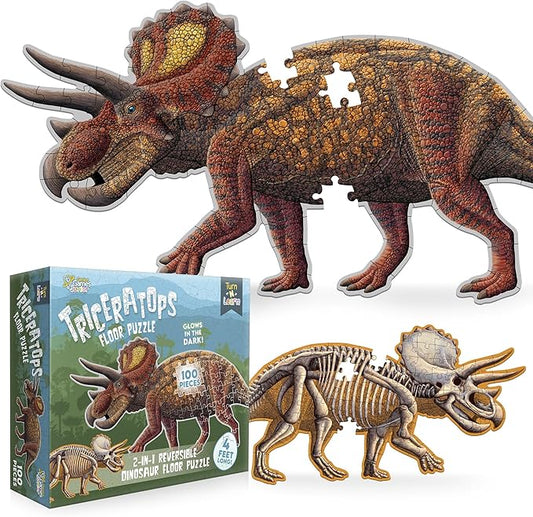 Triceratops Dinosaur Jigsaw Puzzle | 100-Piece Double Sided Floor Puzzle with Glow-in-The-Dark Skeleton On Other Side | 4 FT Scientifically Accurate Dino Illustration | Educational Toy for Kids