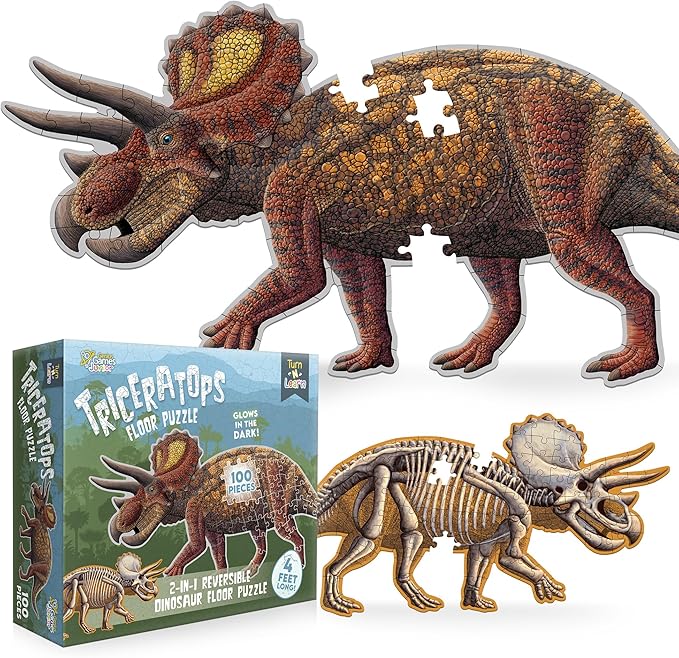 Triceratops Dinosaur Jigsaw Puzzle | 100-Piece Double Sided Floor Puzzle with Glow-in-The-Dark Skeleton On Other Side | 4 FT Scientifically Accurate Dino Illustration | Educational Toy for Kids