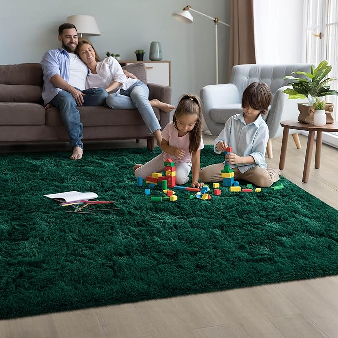 3x5 Dark Green Fluffy Bedside Area Rug Machine Washable, Small Shag Rugs Non Shedding for Living Room, Fluffy Carpet Anti Slip, Kids Playroom, Boy Girl Nursery