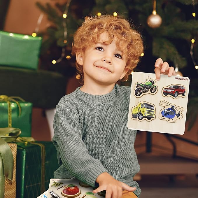 QUOKKA Wooden Puzzles for Toddlers 1-3 - 6 Toddler Peg Puzzles Ages 2-4 - Montessori Toy for Kids Ages 3-5 with Animal, Fruits, Geometric Shapes - Educational Preschool Game Gift for Childrens