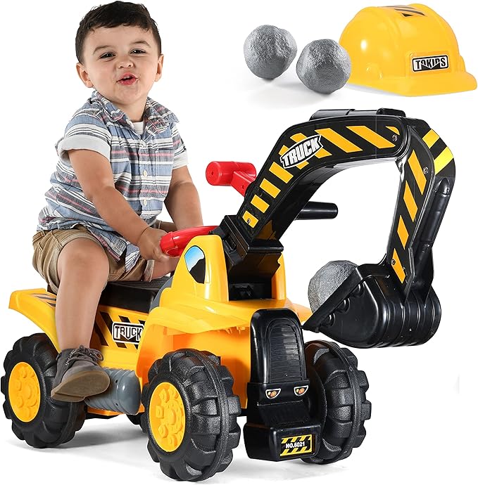 Play22 Toy Tractors for Kids Ride On Excavator - Music Sounds Digger Scooter Bulldozer Includes Helmet with Rocks - Pretend Play - Toddler Construction Truck