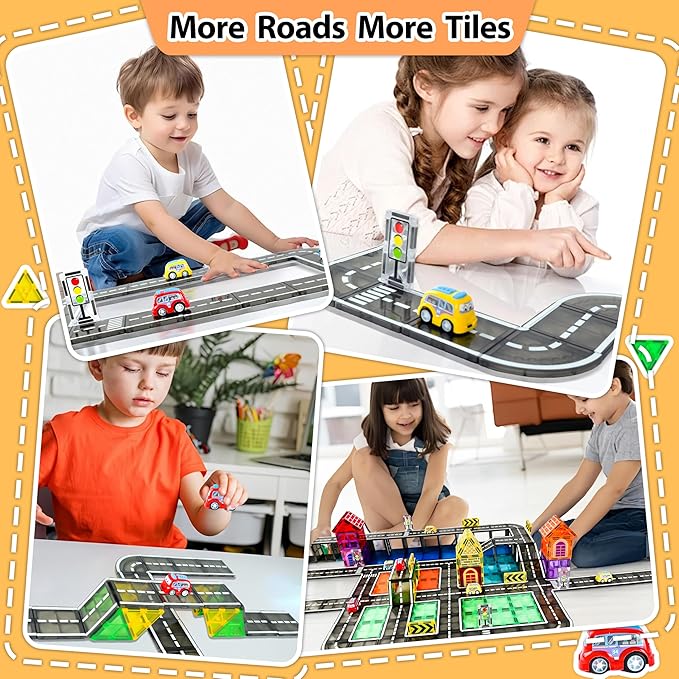 82pcs Magnetic Tiles Road, Magnetic Building Blocks Construction Toys for 3+Year Old Boys Girls, Kids Montessori Toys for Toddler, STEM Learning Gifts
