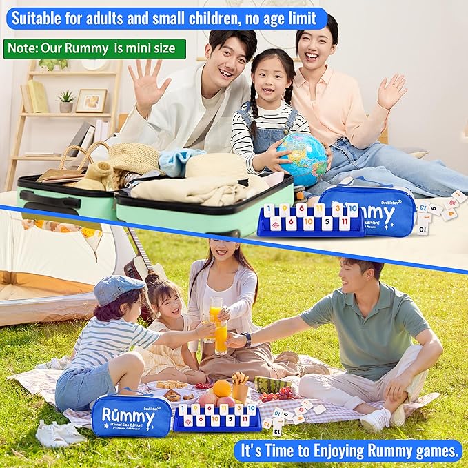 Doublefan Mini Rummy Cube Game, Mini Size Rummy Set with Portable Canvas Bag, Small Travel Board Game for Adult and Kids,160 Tiles, 6 Playing Rack, 1 Dice (2-6 Players)