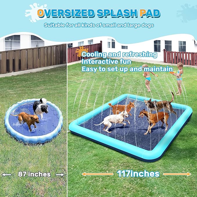 117'' Splash Pad for Dogs, Non-Slip Sprinkler for Kids, Square Splash Pad for Kids Ages 4-8, Splash Pads for Toddlers 1-3, Dog Sprinkler Shallow Pool, Outdoor Water Toys for Backyard, Teal